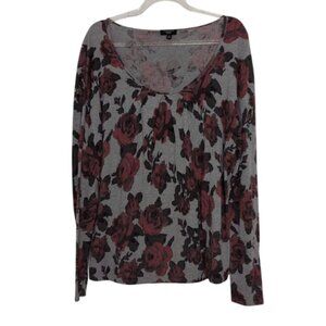 Talbots Floral Shirt Womens Petite Size Large Gray Scoop Neck Long Sleeve Blouse